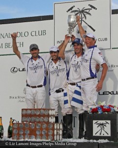 Adolfo Cambiaso, Guillermo Terrera, Alejo Taranco and Bob Jornayvaz  celebrate Valiente's win of the 111th US Open Polo Championship.