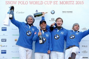 ST. MORITZ/SWITZERLAND, 30JAN15 - The players of team BMW pose after winning the Slupinski Cup match against team Badrutt's Palace Hotel during the 31st Snow Polo World Cup in St. Moritz, January 30, 2015. swiss-image.ch/Photo Valeriano DiDomenico