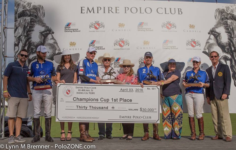 Lockton Polo Team won the USPA 6-8 Goal Champions Cup and $30,000.  From left to right: Max Menini, Tim Kelly, Bryan Middleton and Jessica Bailey.